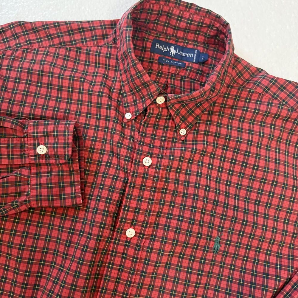 Ralph Lauren Vintage 1993 Men's Large Long Sleeve Button Up Red Plaid Christmas